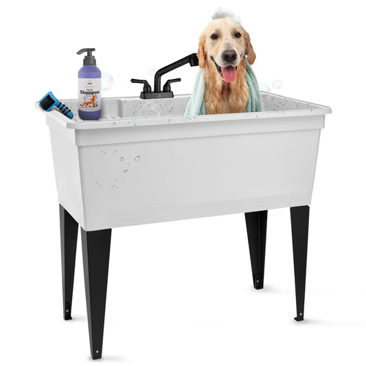 Tehila Freestanding Double-Wide White Utility Sink with Steel Legs & Black Pull-Out Faucet, Multi-Purpose Heavy-Duty Laundry Tub and Kitchen Sink for Homes & Business